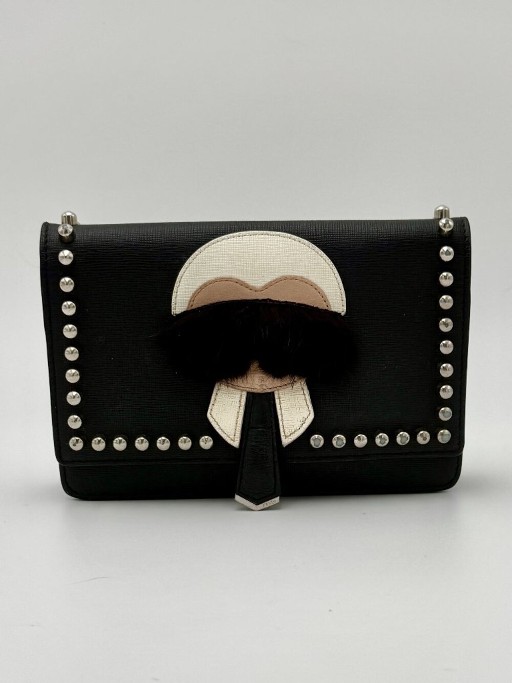 FENDI Karlito Leather Fur-Trimmed Handbag with Crossbody Chain